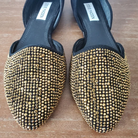 Steve Madden Vamp-G Women's 8 d'Orsay Flats Shoes Black Suede Gold Rhinestones - Picture 8 of 11